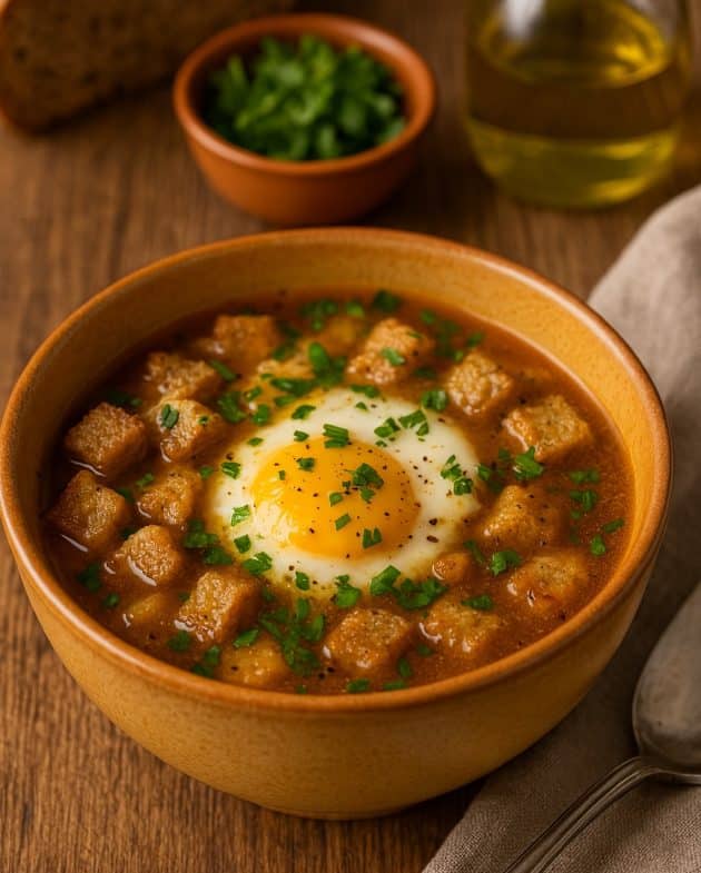 Traditionelle Sopa de Ajo in einer weißen Schale serviert, mit pochiertem Ei und frischer Petersilie garniert