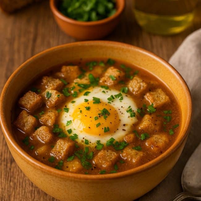 Traditionelle Sopa de Ajo in einer weißen Schale serviert, mit pochiertem Ei und frischer Petersilie garniert