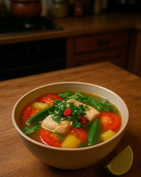 Vietnamesische Fischsuppe Canh Chua Cá mit Tamarinde, Fisch und Gemüse in einer weißen Schale
