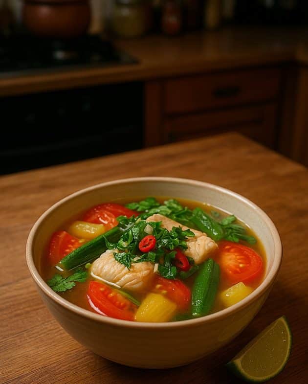 Vietnamesische Fischsuppe Canh Chua Cá mit Tamarinde, Fisch und Gemüse in einer weißen Schale