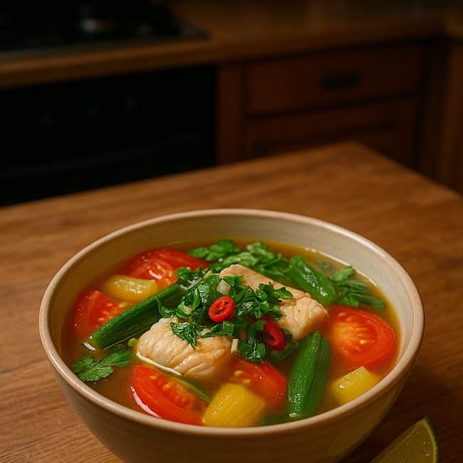 Vietnamesische Fischsuppe Canh Chua Cá mit Tamarinde, Fisch und Gemüse in einer weißen Schale