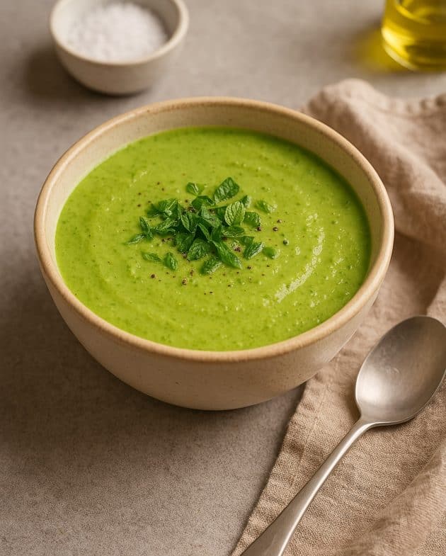 Cremige Erbsen-Kokos-Suppe in einer weißen Schale mit frischen Kräutern garniert