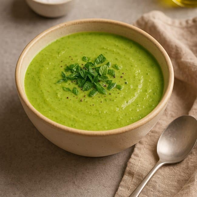 Cremige Erbsen-Kokos-Suppe in einer weißen Schale mit frischen Kräutern garniert