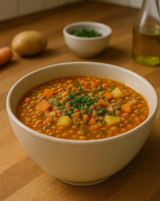 Proteinreiche Linsensuppe mit Karotten und Linsen in einer weißen Schale serviert