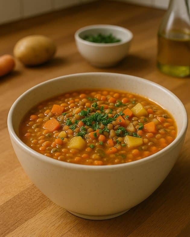 Proteinreiche Linsensuppe mit Karotten und Linsen in einer weißen Schale serviert
