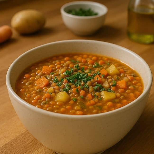 Proteinreiche Linsensuppe mit Karotten und Linsen in einer weißen Schale serviert