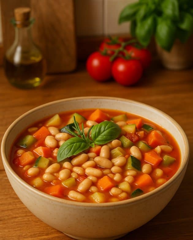 Italienische Minestrone mit Gemüse, weißen Bohnen und Nudeln in einer rustikalen Suppenschale serviert