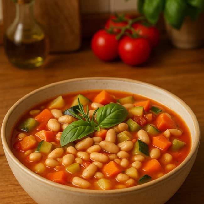 Italienische Minestrone mit Gemüse, weißen Bohnen und Nudeln in einer rustikalen Suppenschale serviert