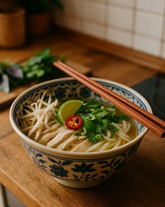 Phở Gà – vietnamesische Hühnersuppe mit Hähnchen, Reisnudeln und frischen Kräutern
