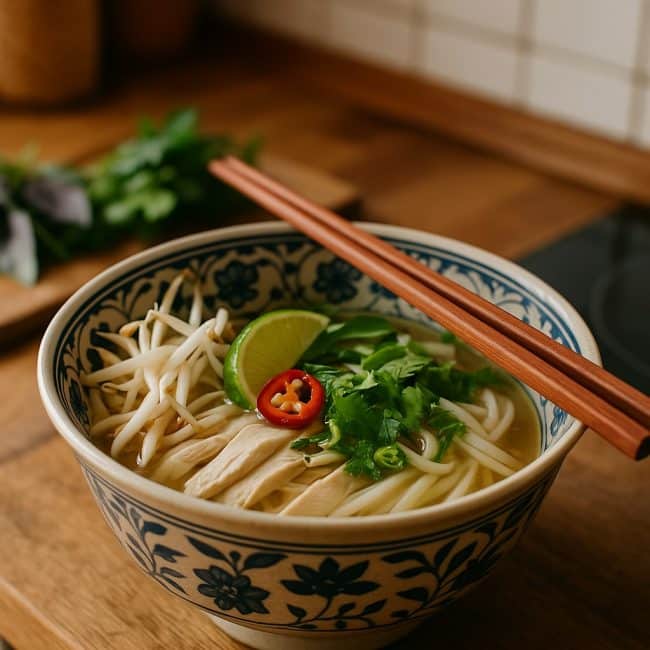 Phở Gà – vietnamesische Hühnersuppe mit Hähnchen, Reisnudeln und frischen Kräutern