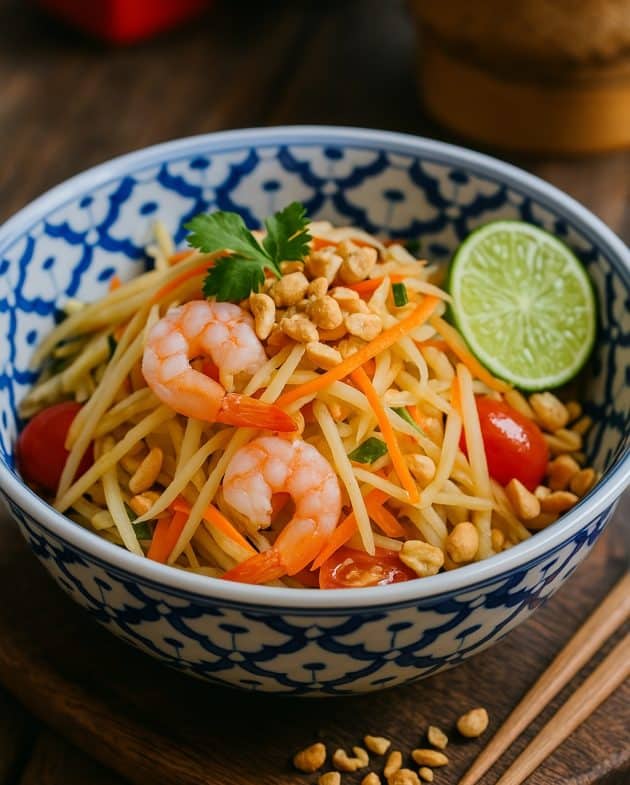 Traditioneller Thai-Papaya-Salat mit Garnelen, Limettenscheiben und gerösteten Erdnüssen in einer thailändischen Schüssel im Street-Food-Stil.