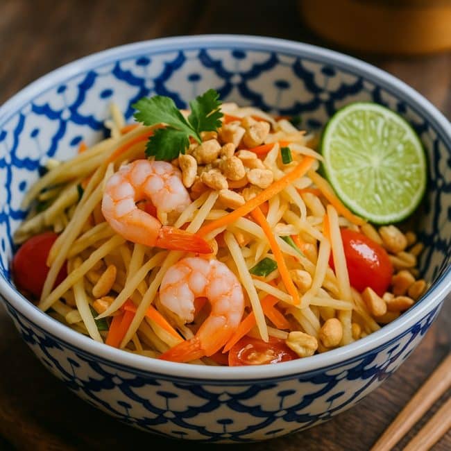 Traditioneller Thai-Papaya-Salat mit Garnelen, Limettenscheiben und gerösteten Erdnüssen in einer thailändischen Schüssel im Street-Food-Stil.