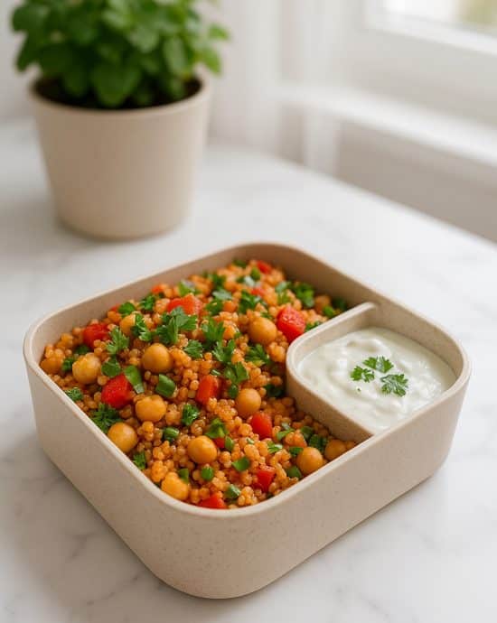 Türkischer Bulgursalat mit Kichererbsen und Joghurtdip serviert in einer rechteckigen Bento-Box, angerichtet in heller Küchenumgebung.