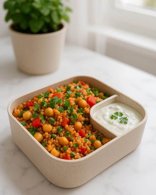 Türkischer Bulgursalat mit Kichererbsen und Joghurtdip serviert in einer rechteckigen Bento-Box, angerichtet in heller Küchenumgebung.