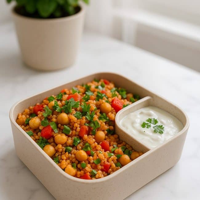Türkischer Bulgursalat mit Kichererbsen und Joghurtdip serviert in einer rechteckigen Bento-Box, angerichtet in heller Küchenumgebung.