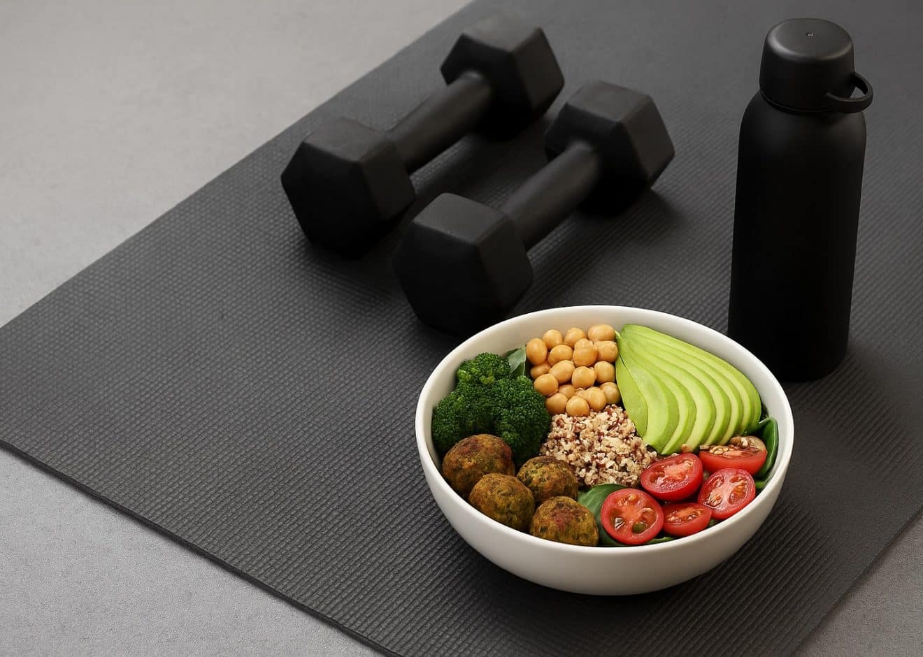 vegane Fitness-Ernährung Bowl mit Gemüse und Tofu auf Fitnessmatte mit Hanteln und Wasserflasche