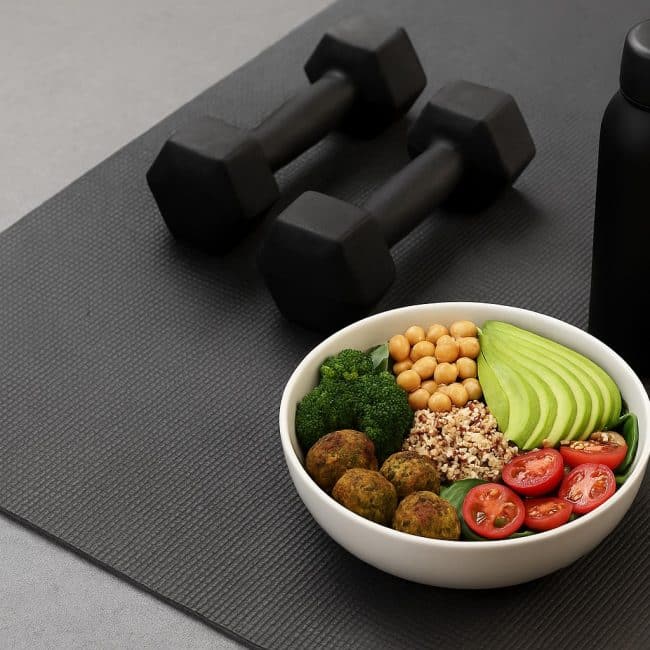 vegane Fitness-Ernährung Bowl mit Gemüse und Tofu auf Fitnessmatte mit Hanteln und Wasserflasche