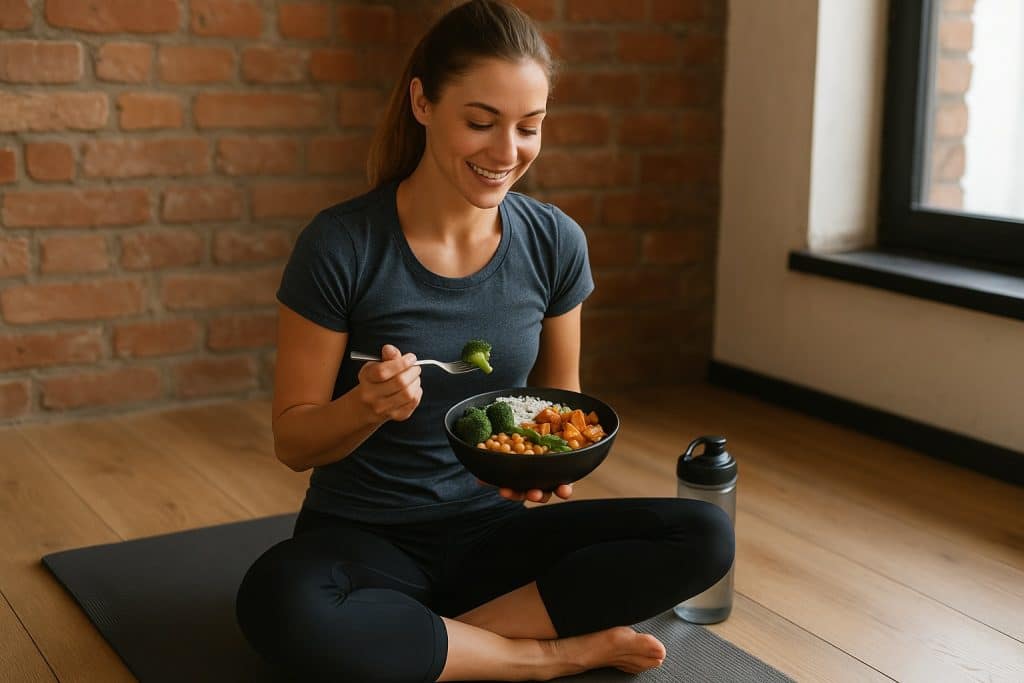Eine junge Frau mit Sportkleidung steht in der Küche und hält eine Bowl mit veganem Essen – Symbolbild für vegane Fitness-Ernährung und gesunde Lebensweise