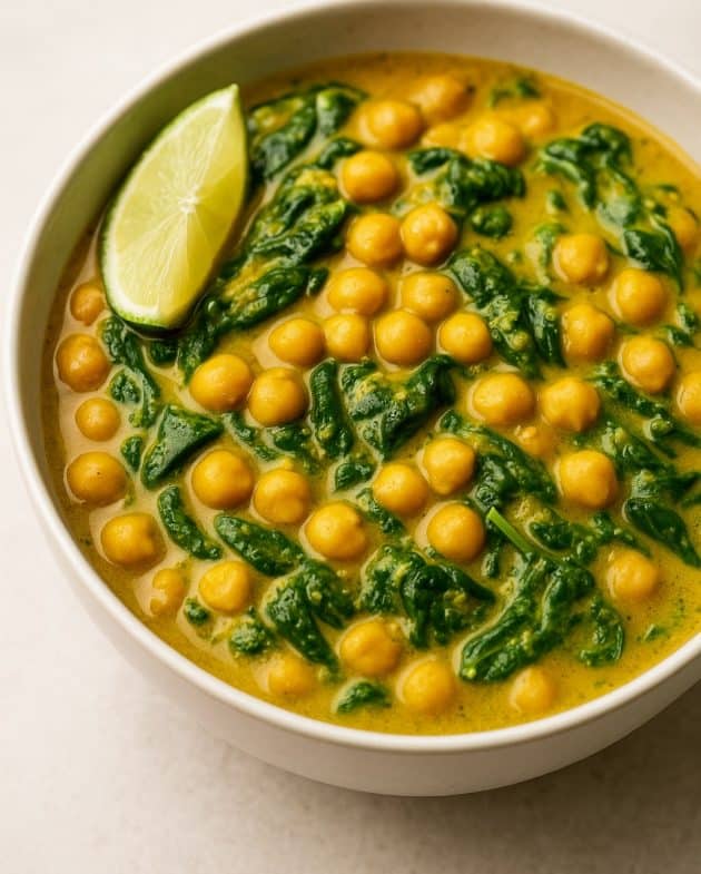 Indisches Curry mit Kichererbsen, Spinat und Kokosmilch in einer Bowl serviert