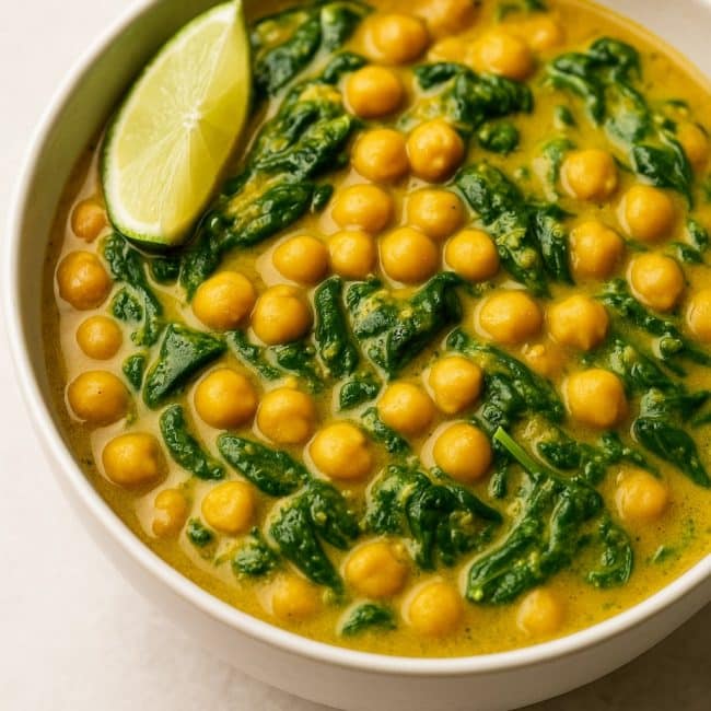 Indisches Curry mit Kichererbsen, Spinat und Kokosmilch in einer Bowl serviert