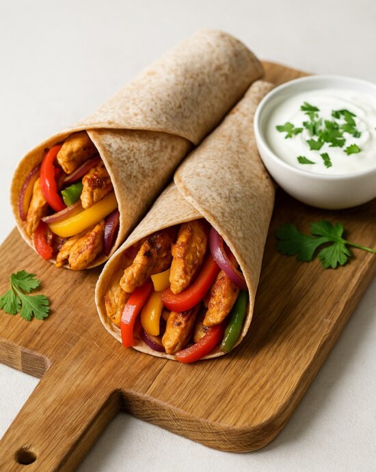 Zwei Chicken Fajita Wraps mit Hähnchen, Paprika und Kräuterdip auf Holzbrett serviert