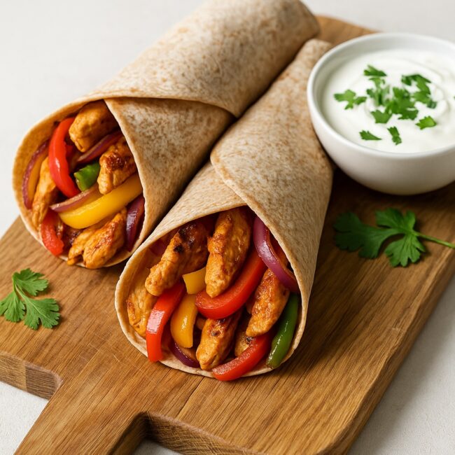 Zwei Chicken Fajita Wraps mit Hähnchen, Paprika und Kräuterdip auf Holzbrett serviert