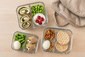 Vorbereitete Meal-Prep-Snacks in Glasdosen mit Quark, Edamame, Wraps und Nüssen auf einem Tisch