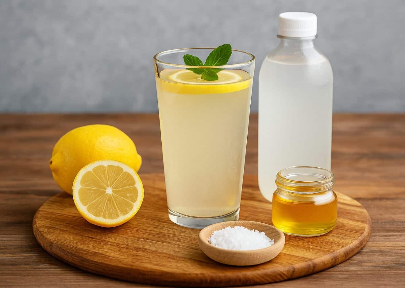 Ein klares Glas mit hausgemachtem Elektrolytgetränk, dekoriert mit Zitronenscheiben und Minze auf einem Holzuntergrund