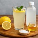 Ein klares Glas mit hausgemachtem Elektrolytgetränk, dekoriert mit Zitronenscheiben und Minze auf einem Holzuntergrund