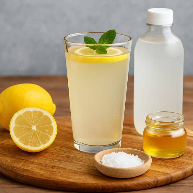 Ein klares Glas mit hausgemachtem Elektrolytgetränk, dekoriert mit Zitronenscheiben und Minze auf einem Holzuntergrund