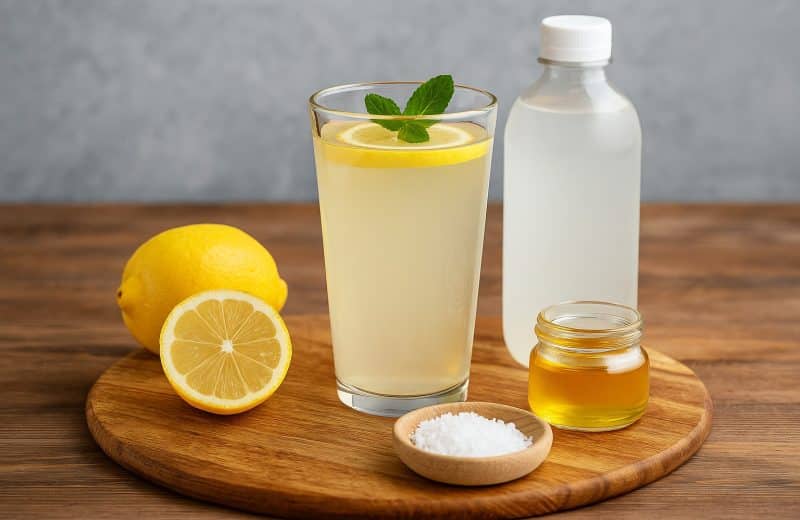 Ein klares Glas mit hausgemachtem Elektrolytgetränk, dekoriert mit Zitronenscheiben und Minze auf einem Holzuntergrund