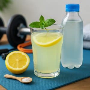 Transparentes Glas mit hausgemachtem Elektrolytgetränk, Zitrone und Minze – ideal für Sport und Regeneration
