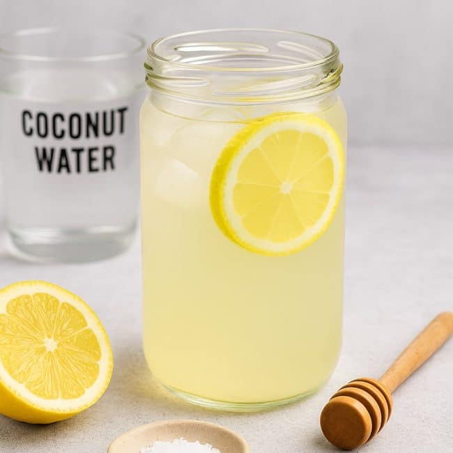 Glas mit selbstgemachtem Elektrolytgetränk aus Kokoswasser, Zitrone und Salz