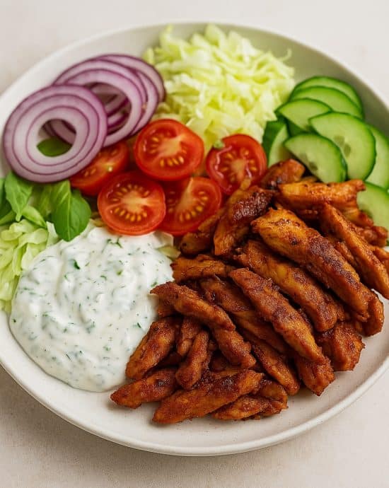 Gesunder Döner-Teller mit Döner-gewürztem Hähnchen, Salat und Soße auf Teller