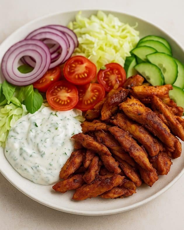 Gesunder Döner-Teller mit Döner-gewürztem Hähnchen, Salat und Soße auf Teller