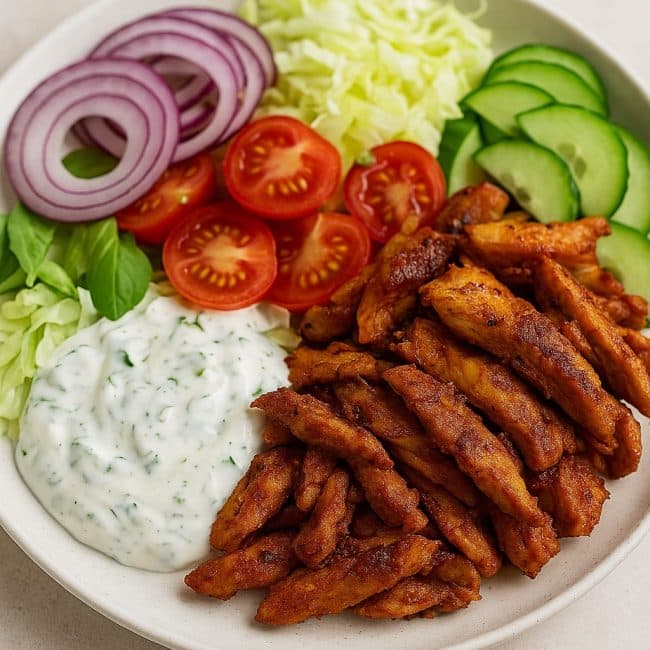 Gesunder Döner-Teller mit Döner-gewürztem Hähnchen, Salat und Soße auf Teller