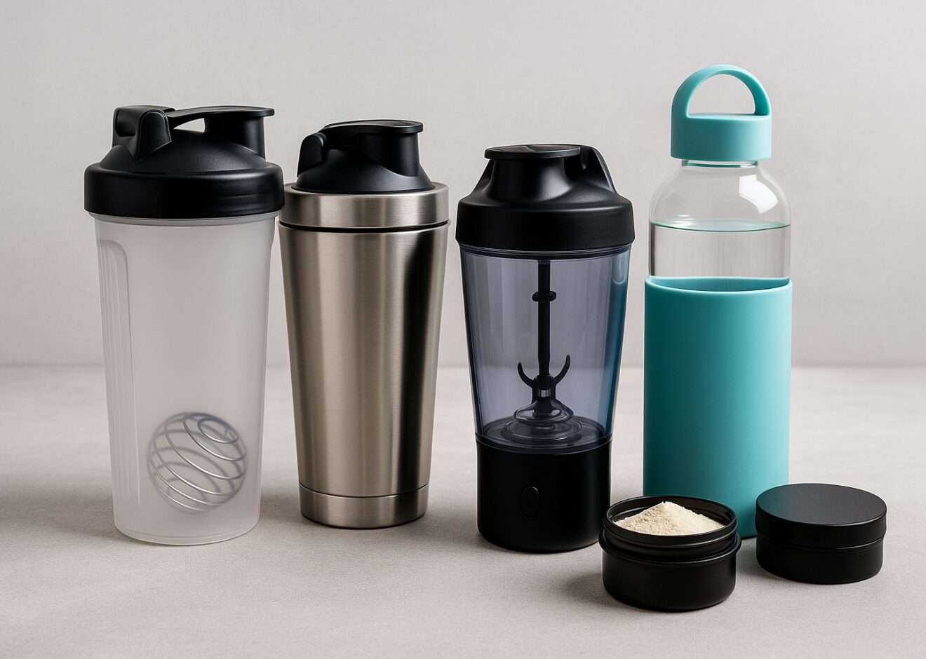 Verschiedene Fitness-Shaker und Trinkflaschen aus Edelstahl, Kunststoff und Glas auf einem Tisch mit Sportzubehör