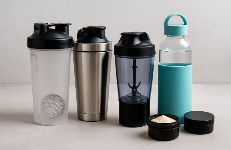 Verschiedene Fitness-Shaker und Trinkflaschen aus Edelstahl, Kunststoff und Glas auf einem Tisch mit Sportzubehör