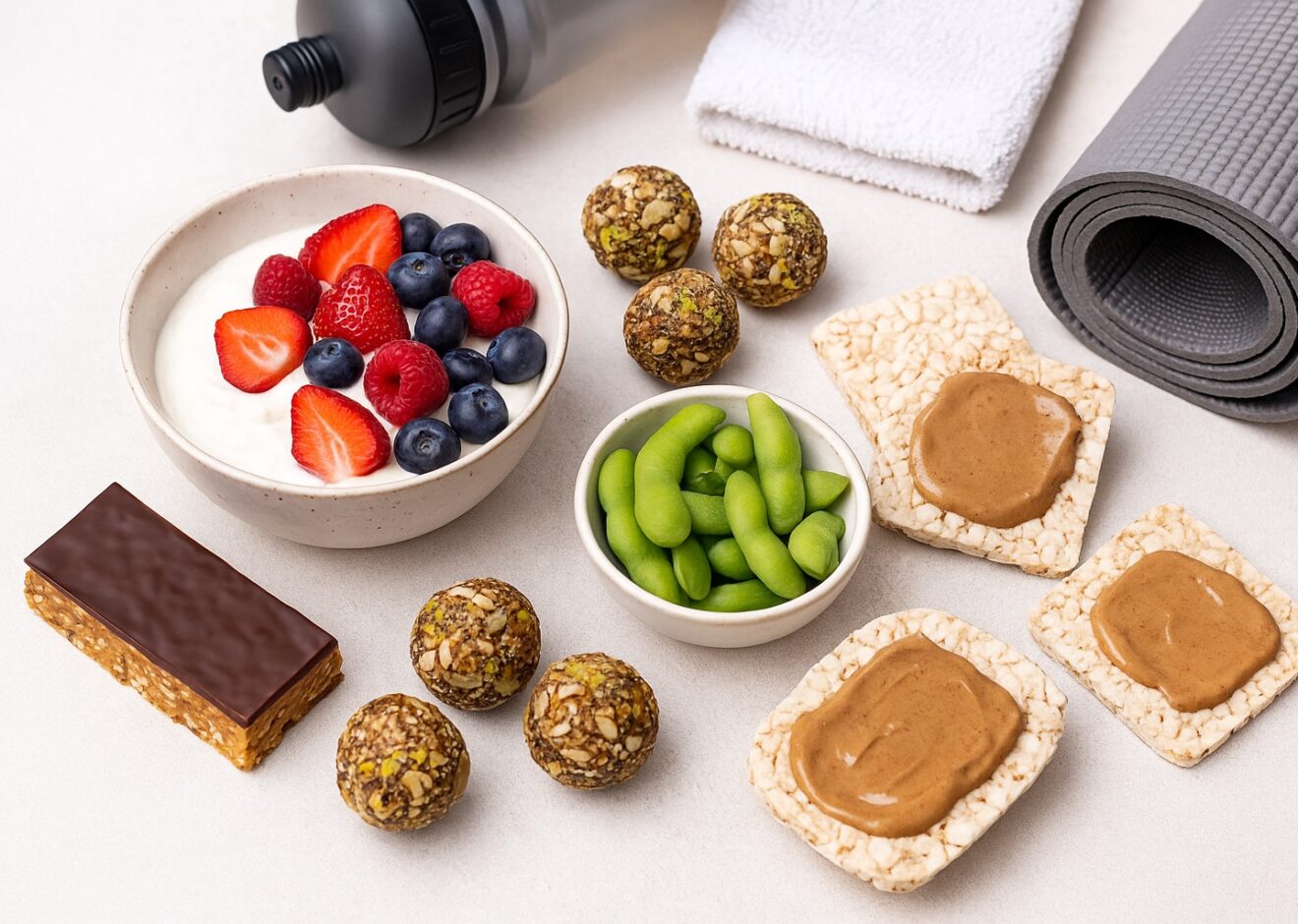 Eine Auswahl proteinreicher Fitness-Snacks wie Quark mit Beeren, Energy Balls und Edamame auf einem Tisch