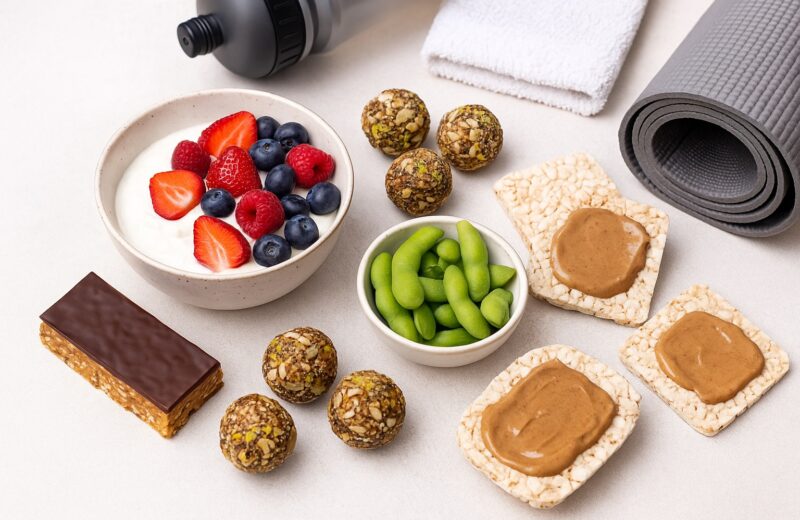 Eine Auswahl proteinreicher Fitness-Snacks wie Quark mit Beeren, Energy Balls und Edamame auf einem Tisch