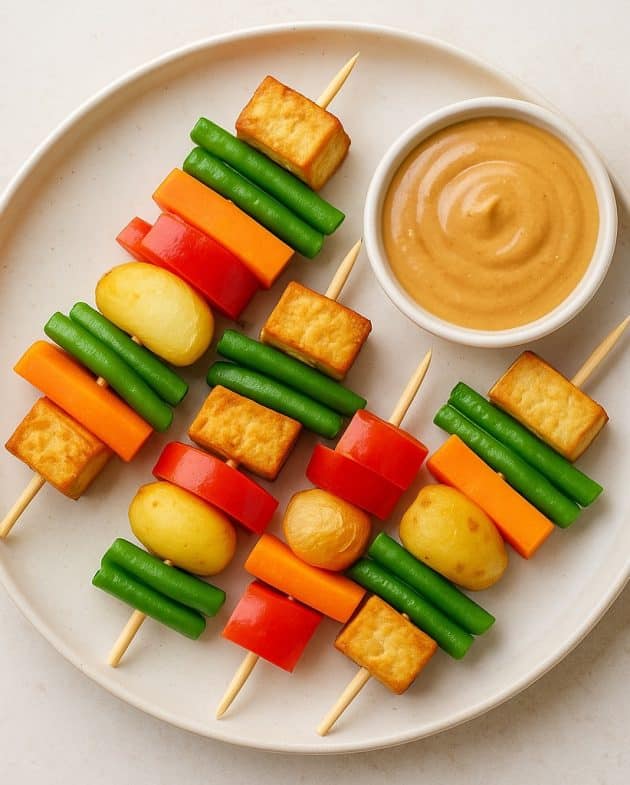 Bunte indonesische Gado-Gado Spieße mit Tofu und cremigem Erdnussdip auf hellem Teller