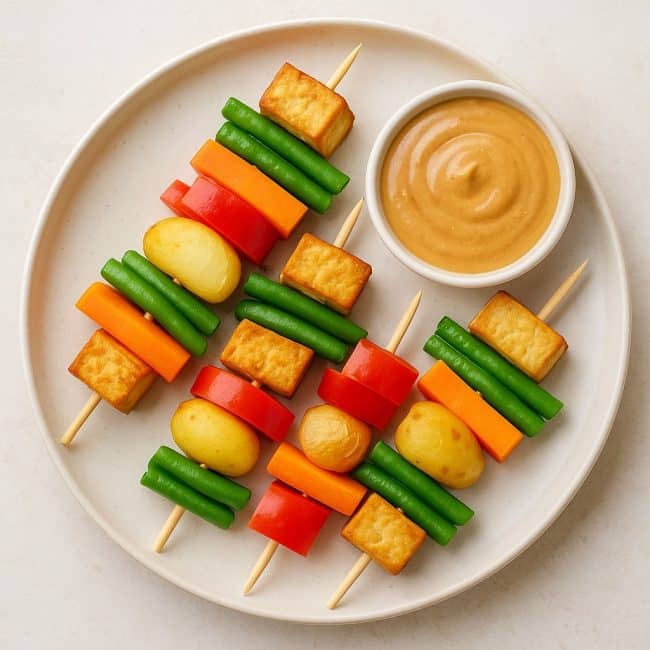 Bunte indonesische Gado-Gado Spieße mit Tofu und cremigem Erdnussdip auf hellem Teller