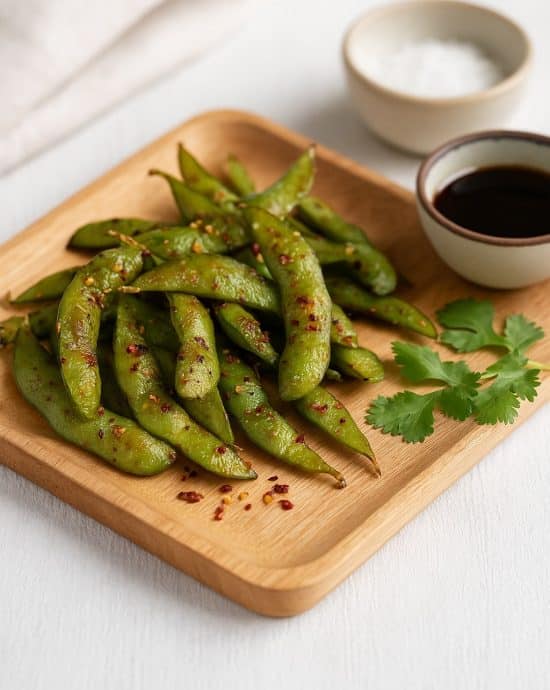 Geröstete Edamame mit Chili und Knoblauchöl auf einem Holzbrett, serviert mit Dips und frischen Kräutern in heller asiatisch inspirierter Atmosphäre.