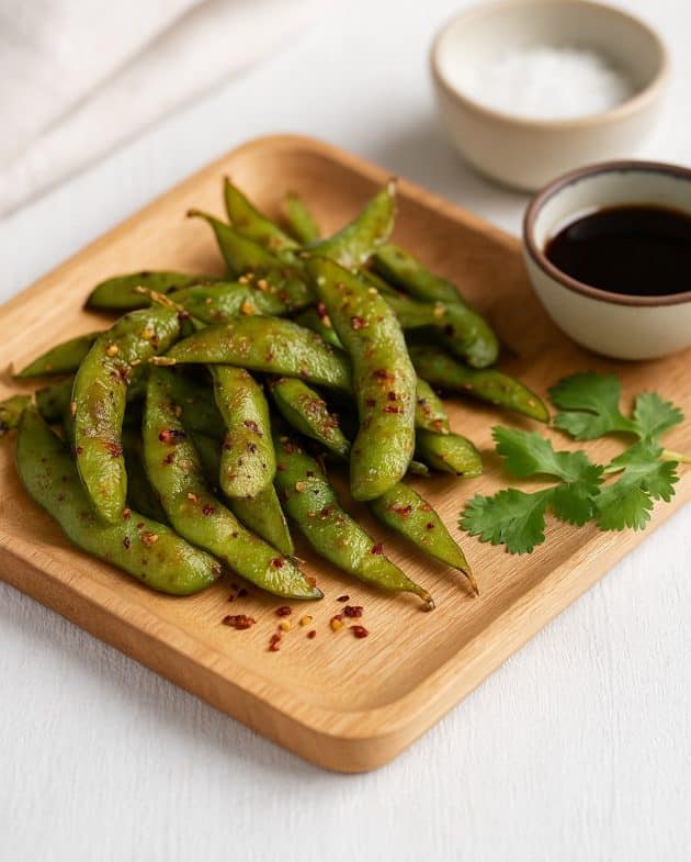 Geröstete Edamame mit Chili und Knoblauchöl auf einem Holzbrett, serviert mit Dips und frischen Kräutern in heller asiatisch inspirierter Atmosphäre.