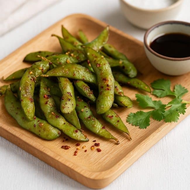 Geröstete Edamame mit Chili und Knoblauchöl auf einem Holzbrett, serviert mit Dips und frischen Kräutern in heller asiatisch inspirierter Atmosphäre.