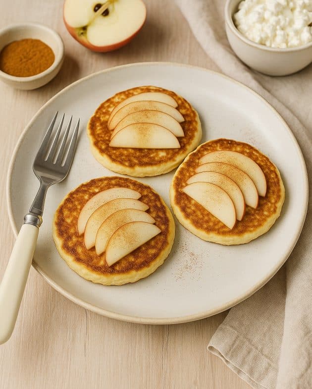 Drei Hüttenkäse-Pfannkuchen mit Apfelscheiben und Zimt auf einem Frühstücksteller, angerichtet in natürlichem Licht mit gemütlichem Stoffuntergrund.