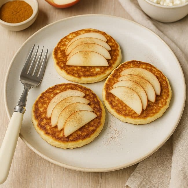 Drei Hüttenkäse-Pfannkuchen mit Apfelscheiben und Zimt auf einem Frühstücksteller, angerichtet in natürlichem Licht mit gemütlichem Stoffuntergrund.