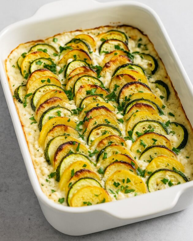 Überbackenes Kartoffel-Gemüse-Gratin mit Hüttenkäse aus Kartoffeln, Zucchini und Hüttenkäse in Auflaufform serviert