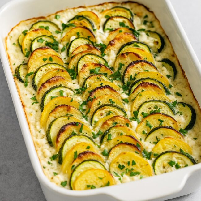 Überbackenes Kartoffel-Gemüse-Gratin mit Hüttenkäse aus Kartoffeln, Zucchini und Hüttenkäse in Auflaufform serviert