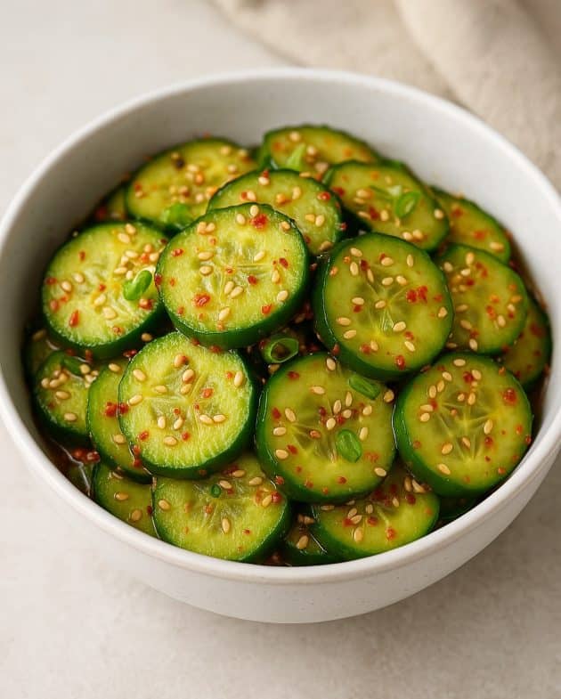 Frischer koreanischer Gurkensalat in einer Schüssel mit Sesam und Chili